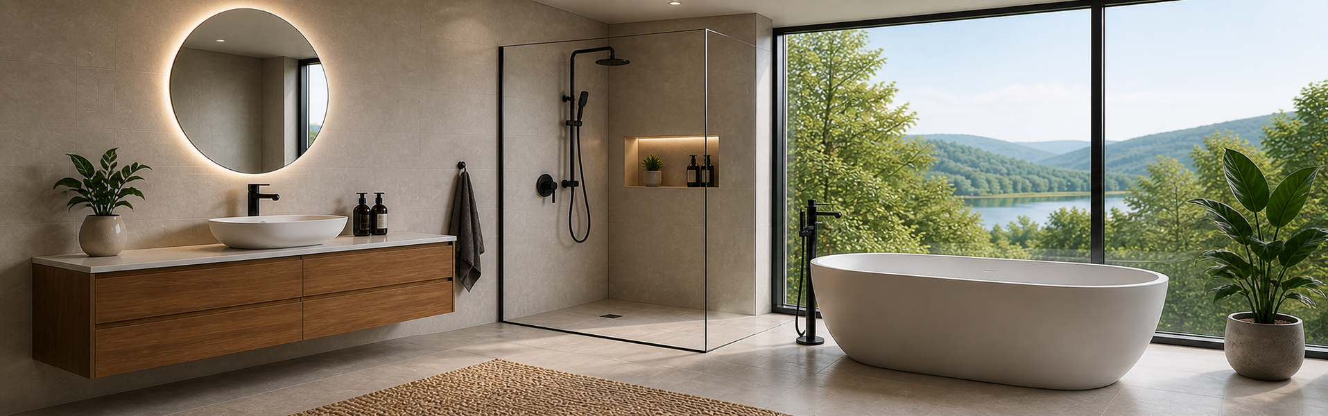 freistehende Badewanne vor dem Fenster